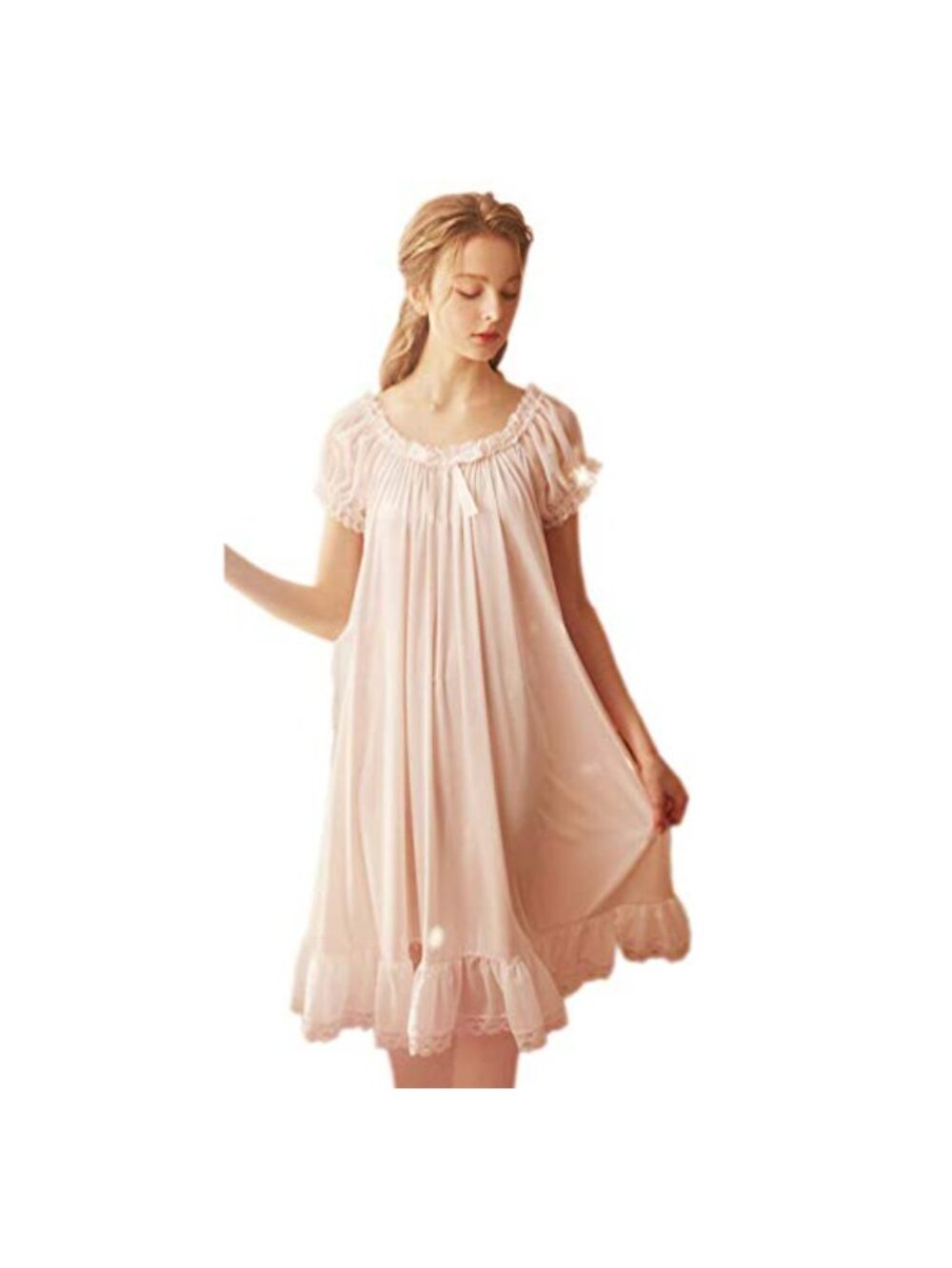 Satin Silk Victorian Nightgown Short Sleeve Knee Length Lace Back Chemise